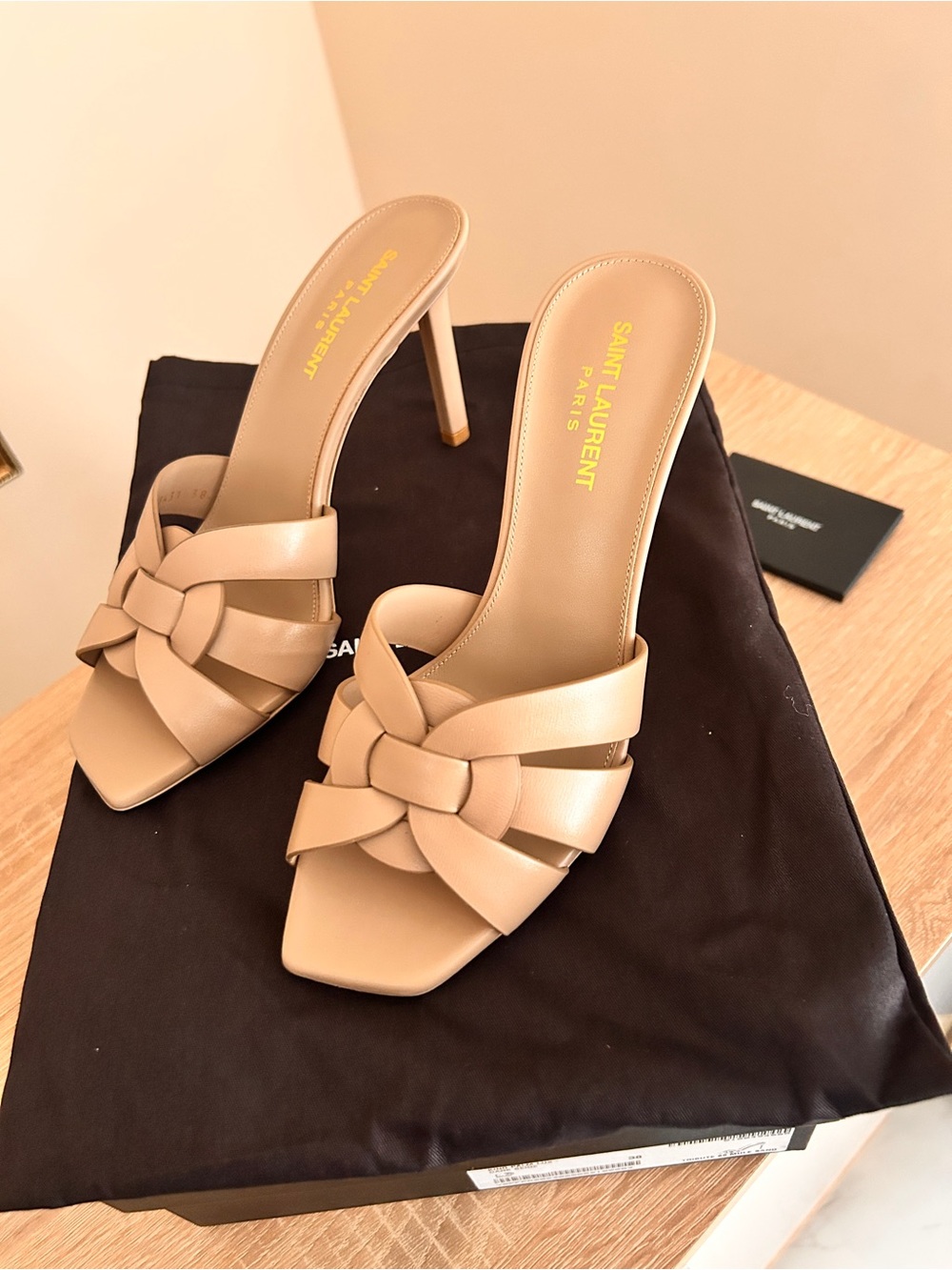 Saint Laurent Tan Knotted Leather Slide Mules